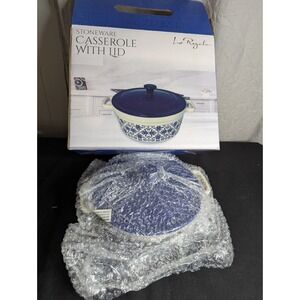 Le Regalo Stoneware 48oz Casserole handles lid Blue white oven microwave freezer